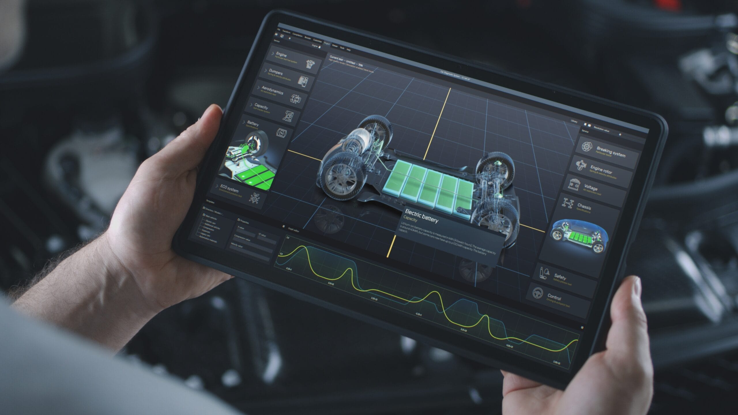 Male,Automotive,Engineer,Holds,Digital,Tablet,Computer,With,Simulation,Of